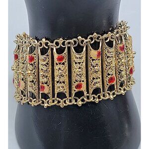 Electroplated Gold on 800 Silver Filigree Panel Bracelet Red White Accents 7.25"
